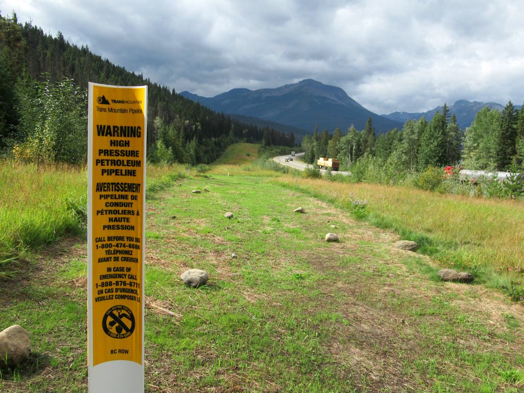 A yellow Trans Mountain warning marker for a high-pressure petroleum pipeline standing on the cleared pipeline right-of-way through forested mountains in British Columbia