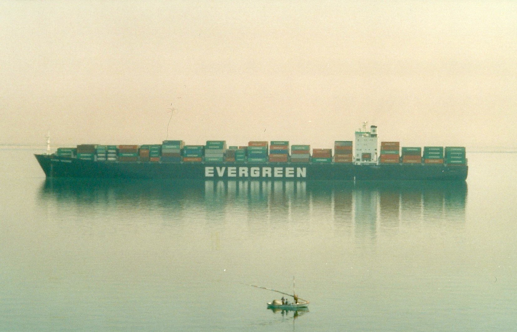 A large container ship transiting the Suez Canal