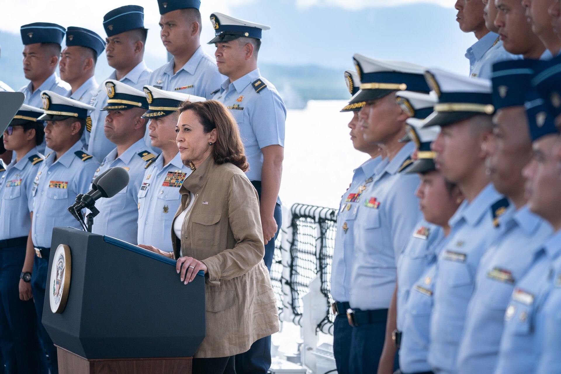 US Vice President Kamala Harris stands aboard a Philippine Coast Guard patrol ship docked in Puerto Princesa City