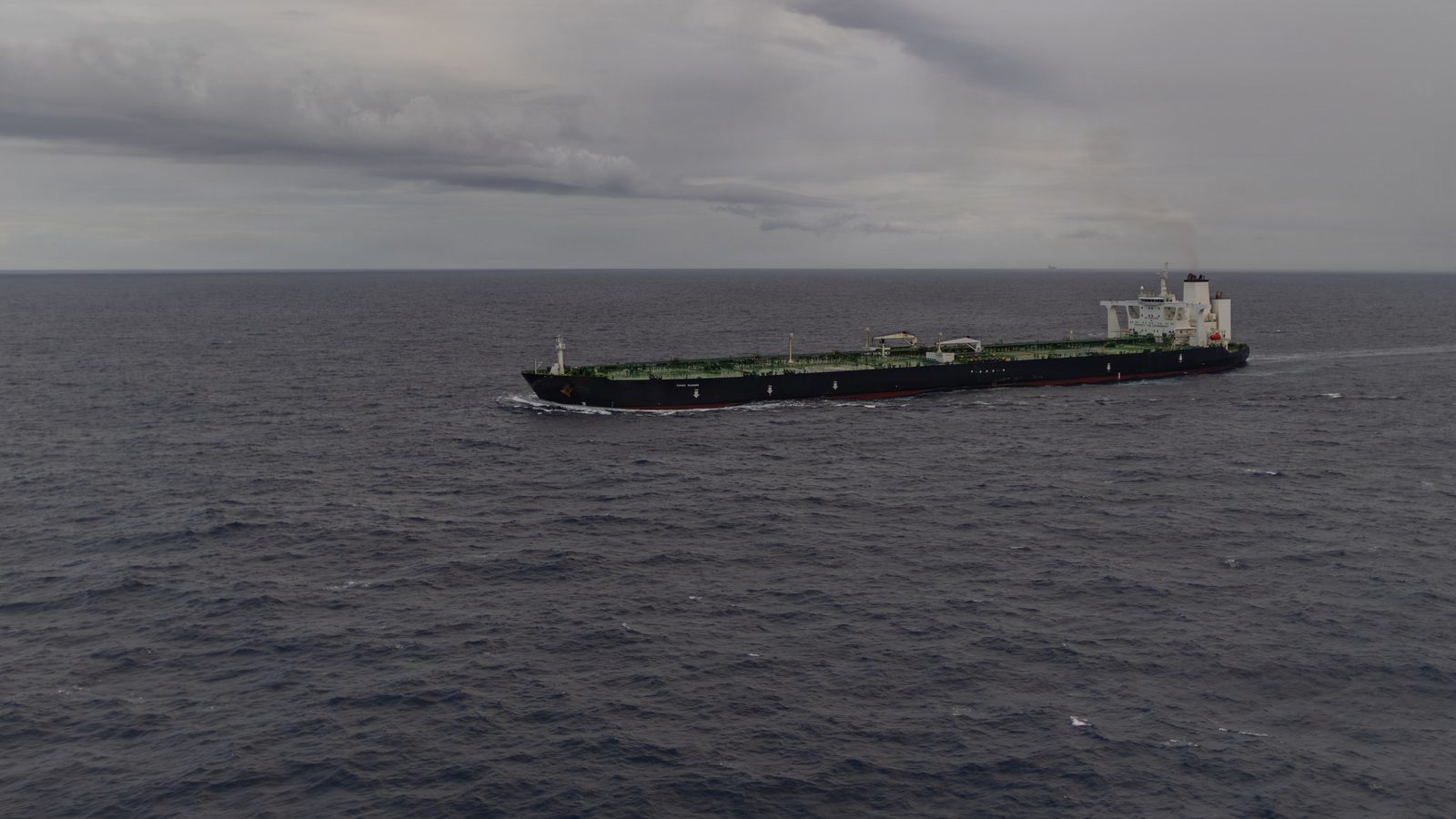 The stateless crude oil tanker MT Sophia at sea during a US Navy boarding operation