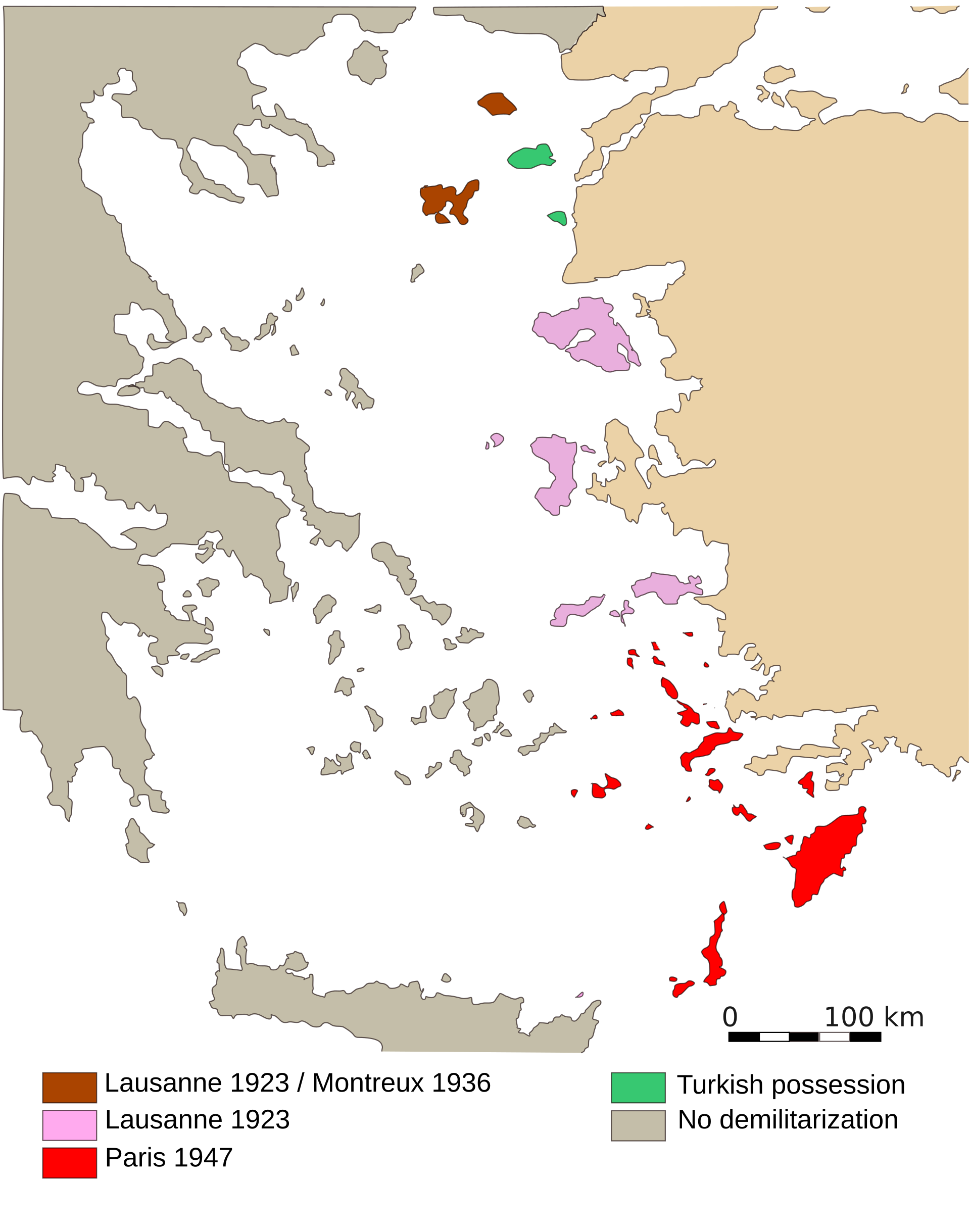 Map of the Aegean Sea showing which Greek islands are demilitarized under the Lausanne and Paris treaties