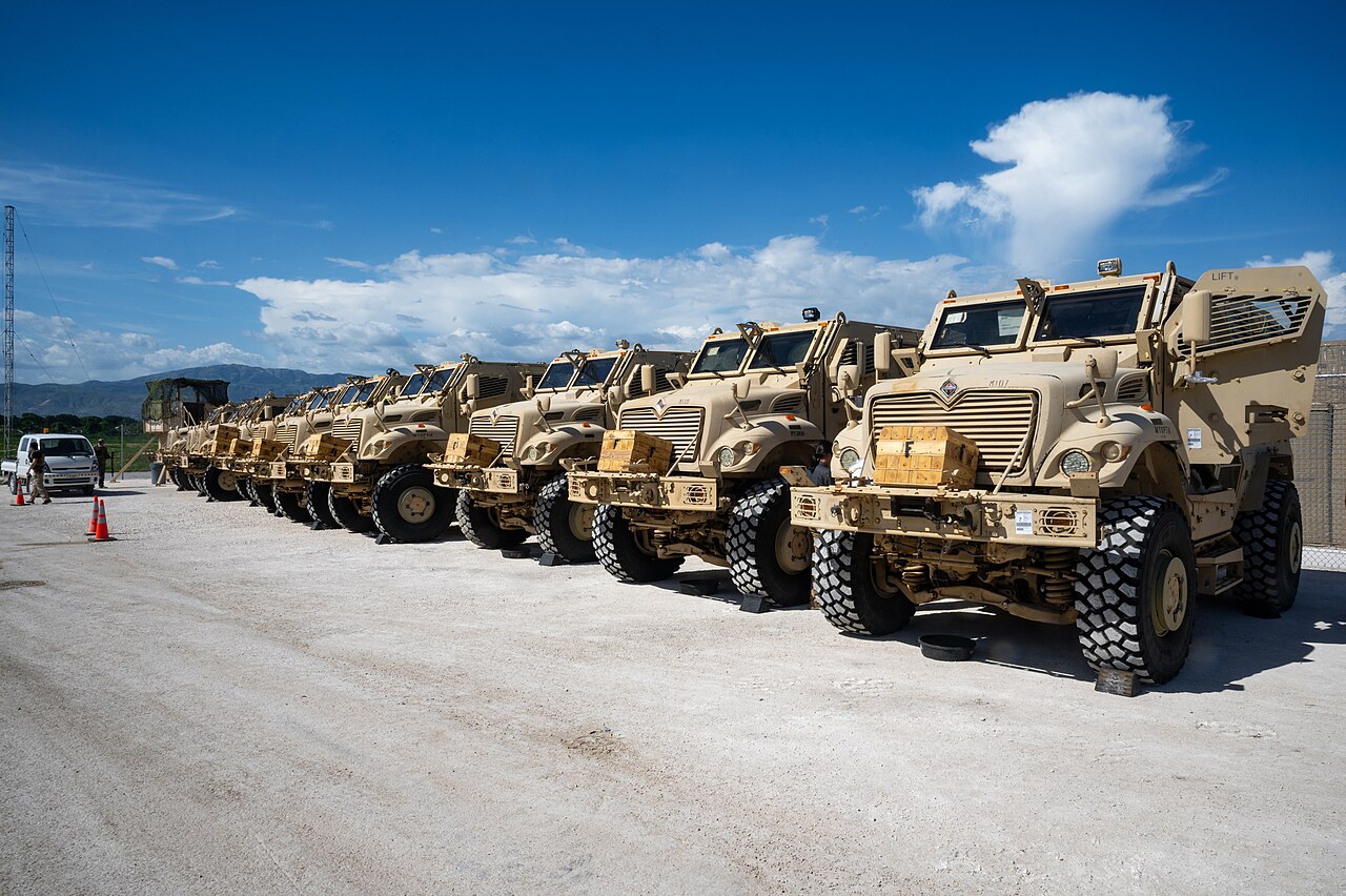 US military personnel delivering MRAP vehicles for the multinational security mission in Haiti