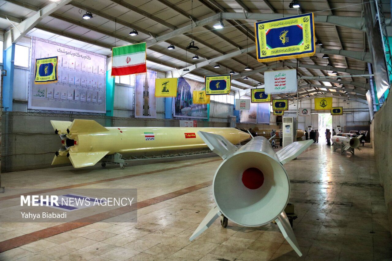 Missiles and drones on display at an IRGC Aerospace Force achievements exhibition in Kermanshah, Iran, 2023