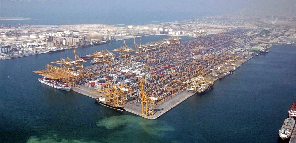 Container ships and gantry cranes at Jebel Ali Port, Dubai