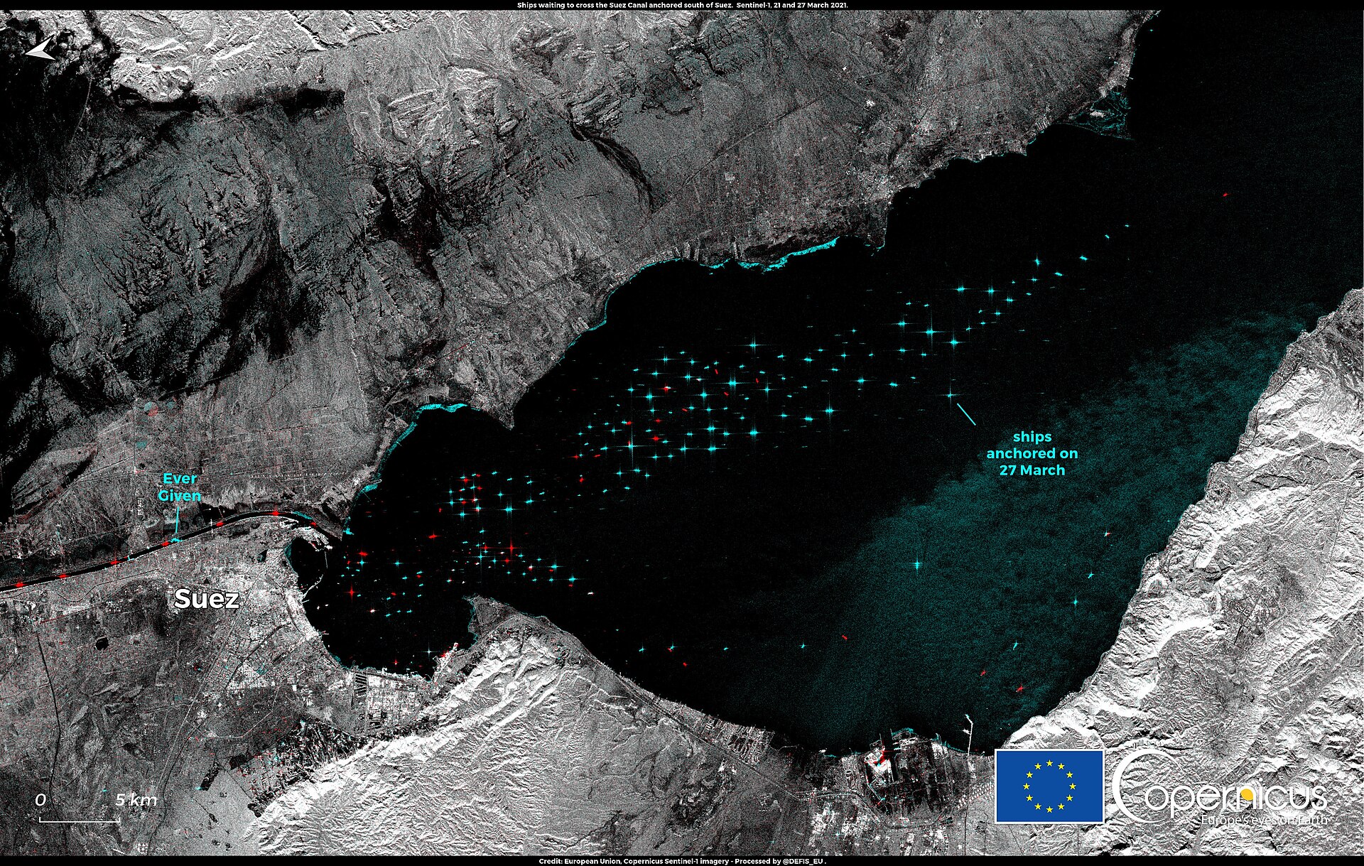 Ships at anchor off the southern entrance of the Suez Canal, waiting to transit