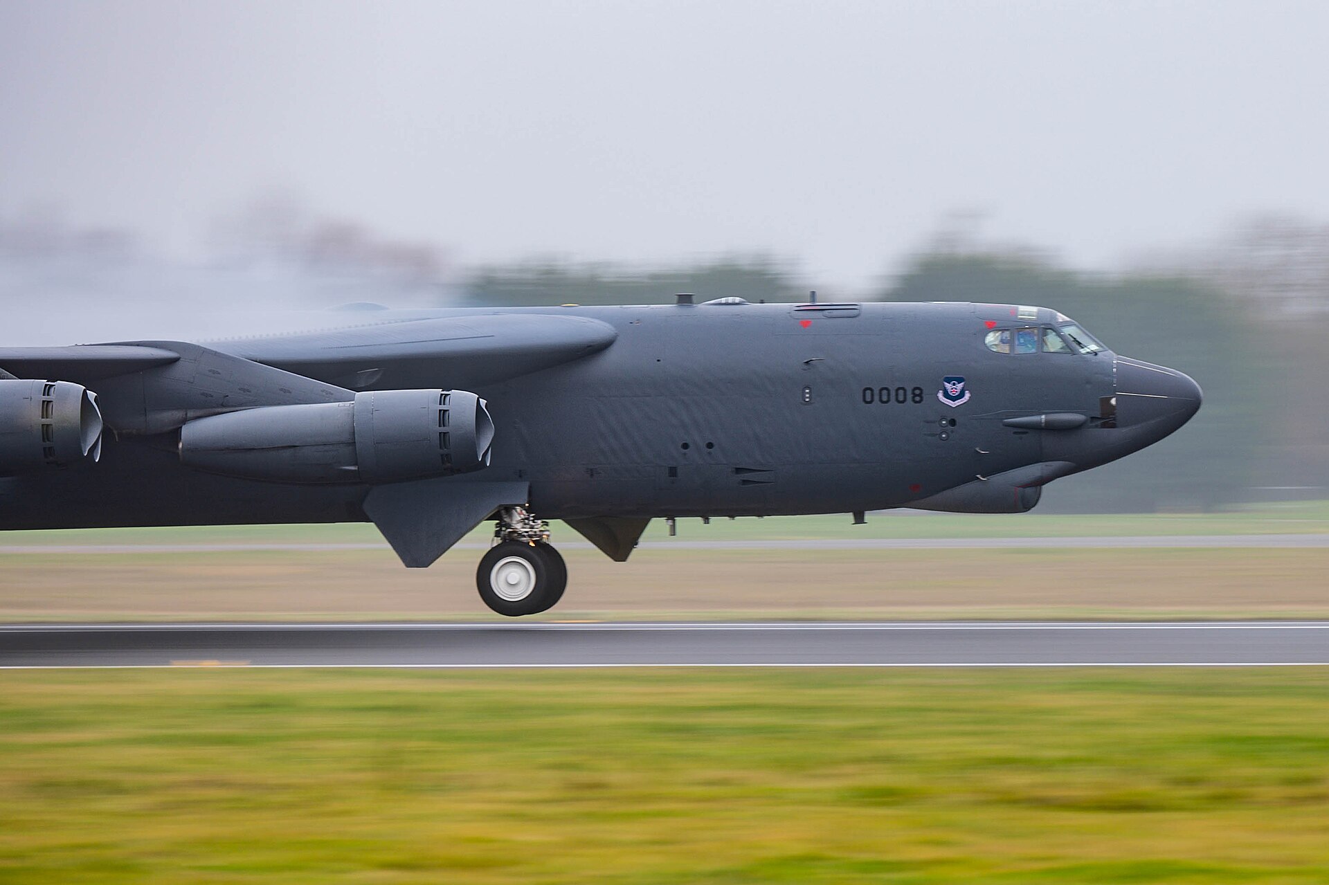 A US Air Force B-52 bomber taking off from RAF Fairford