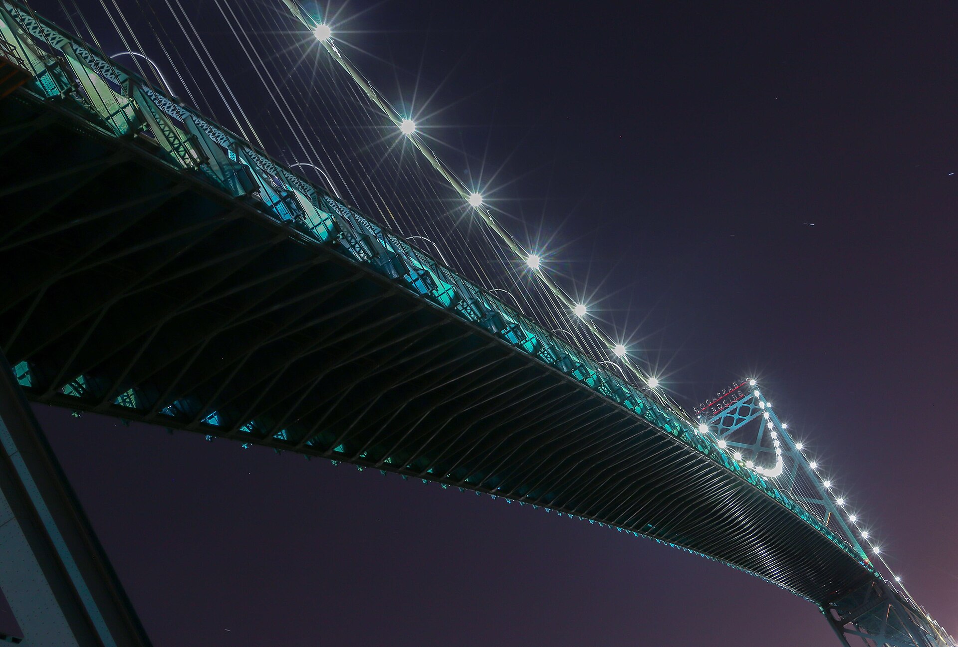 The Ambassador Bridge carrying road traffic between Windsor, Ontario and Detroit, Michigan