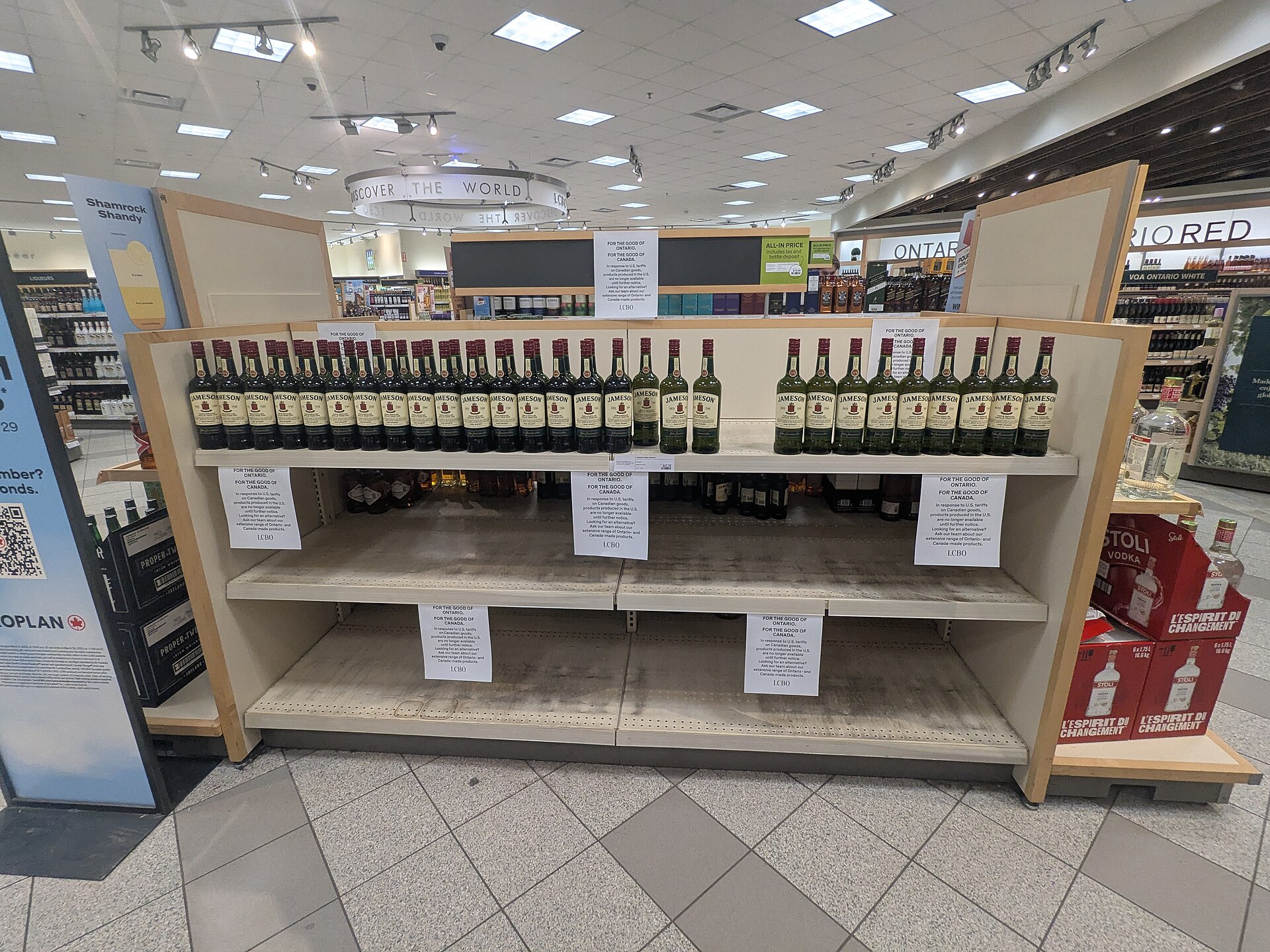 Empty shelves in an LCBO liquor store in Ontario where American products had been stocked