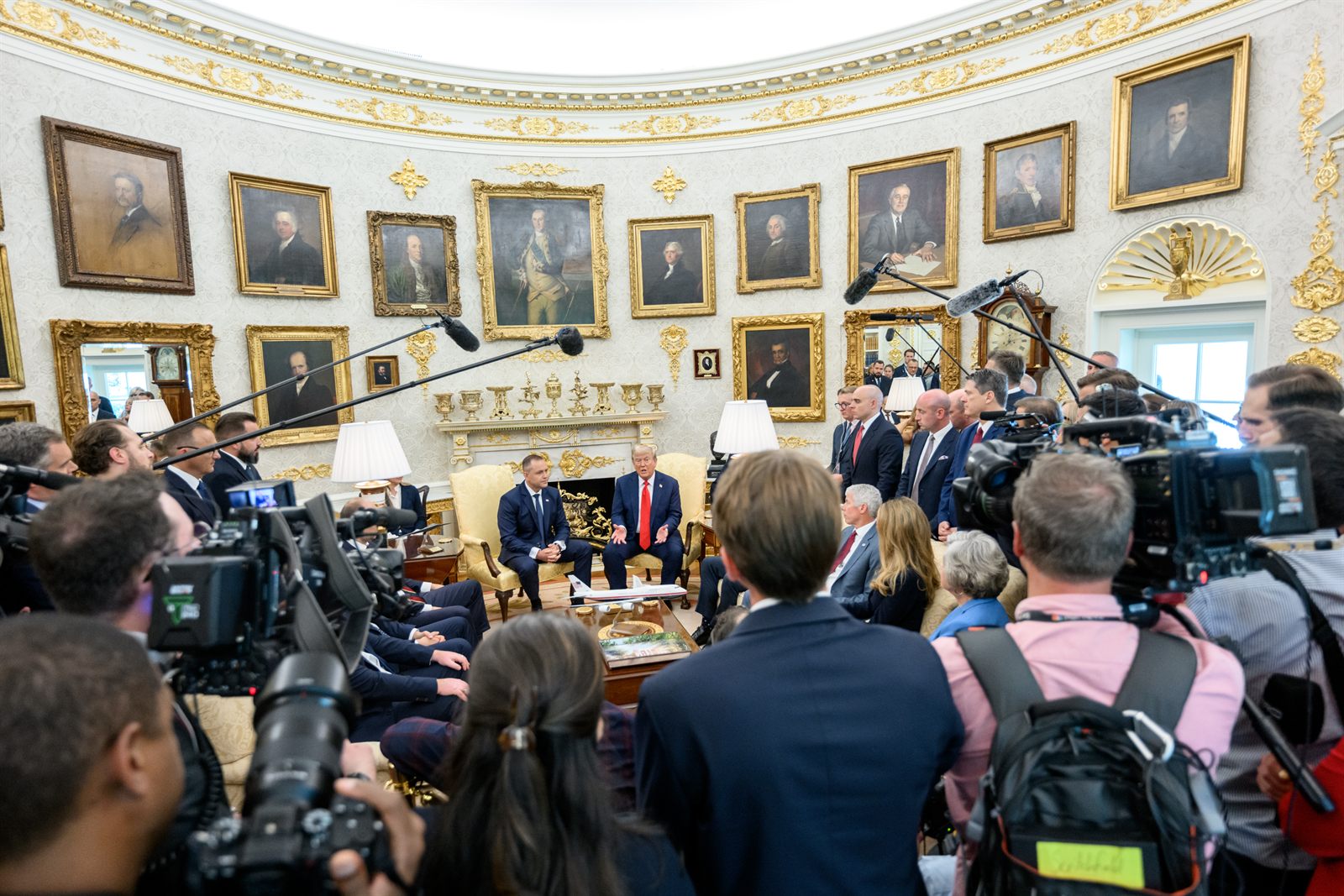 President Donald Trump hosts a bilateral meeting with Polish President Karol Nawrocki in the Oval Office