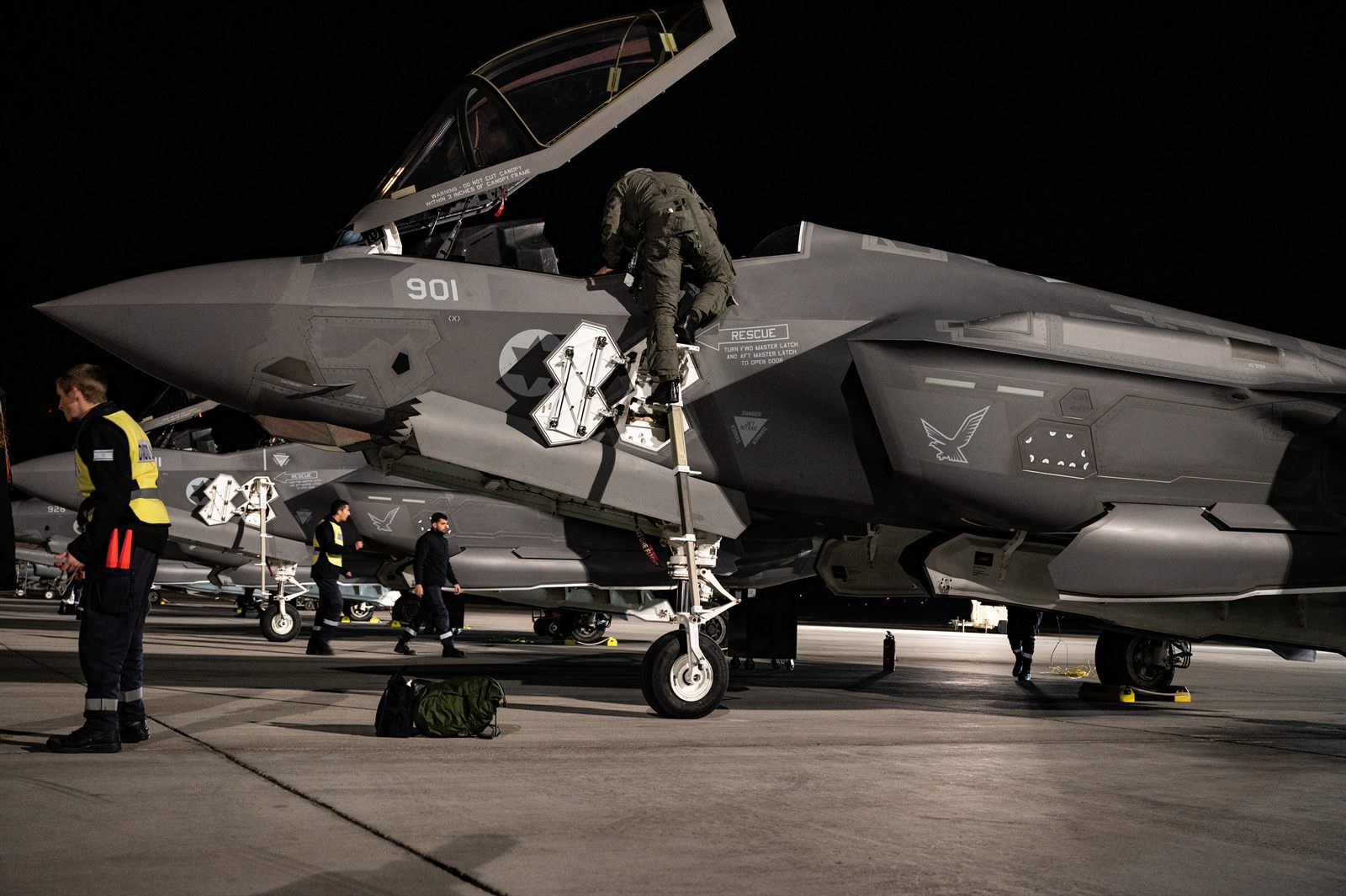 An Israeli Air Force pilot climbing into an F-35I Adir before a Red Flag exercise mission