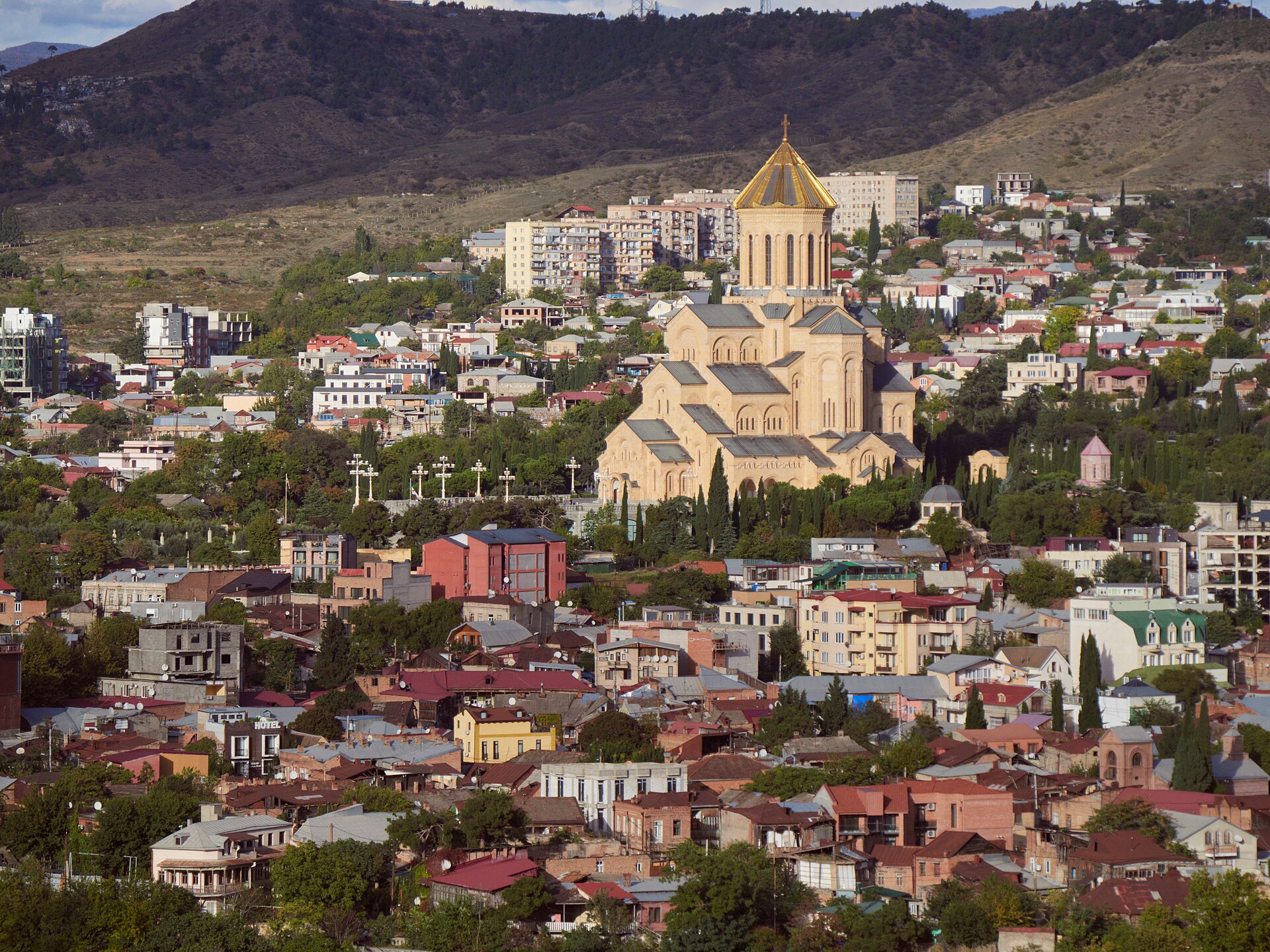 The Tbilisi skyline with the Holy Trinity Cathedral (Sameba) on the hills above the city